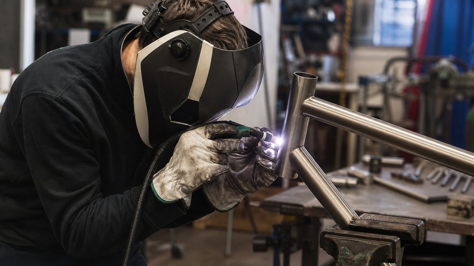 Cadre en titane sur mesure en cours de soudure dans l'atelier avant le montage du vélo