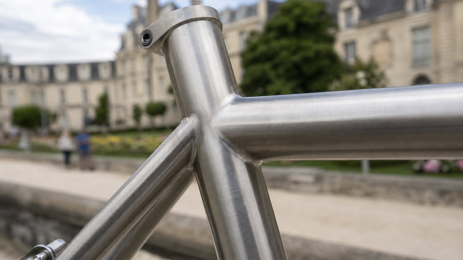 Cadre de vélo en titane brossé et poli montrant les finitions possibles de personnalisation
