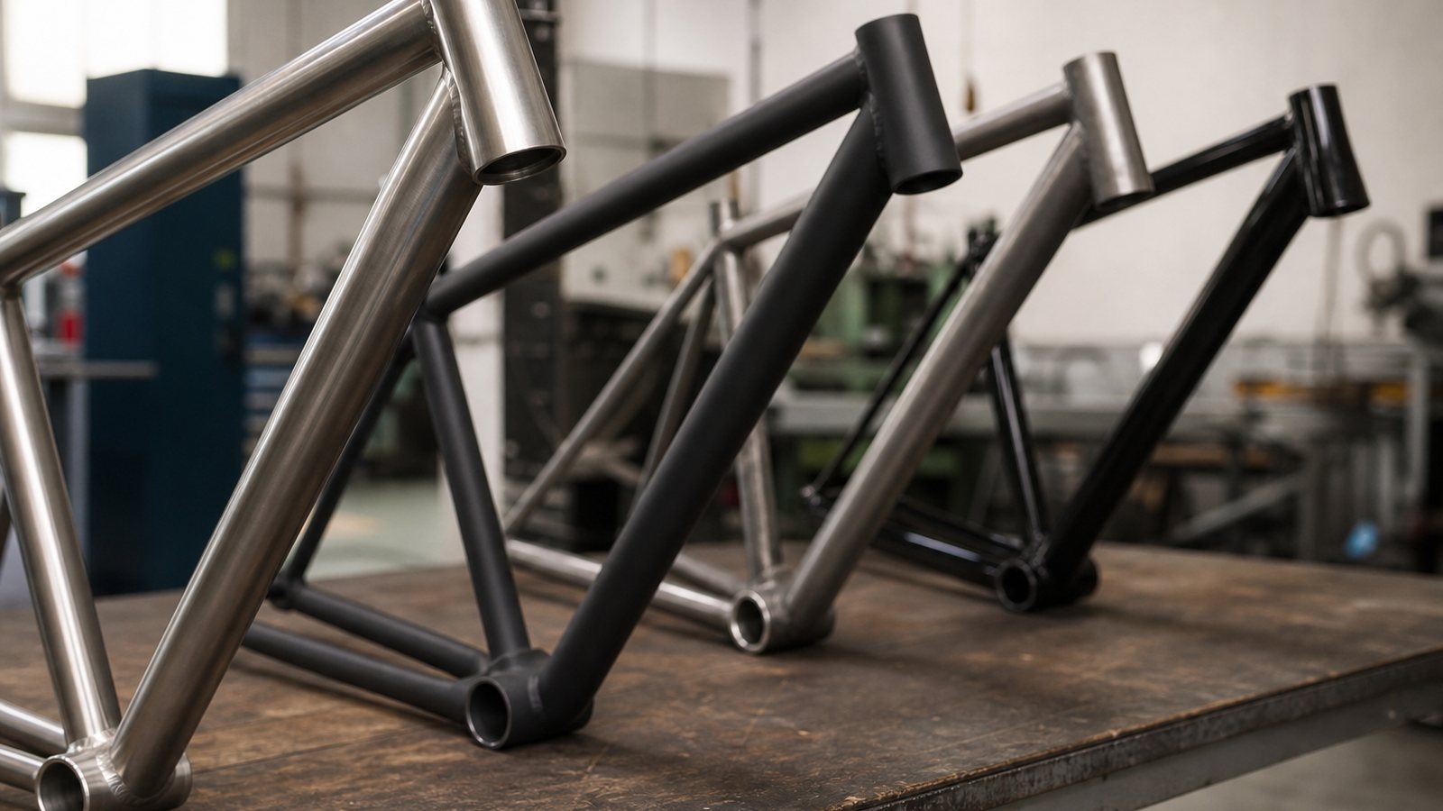 Tubes de cadre en titane, carbone, acier et aluminium comparés dans un atelier de vélo