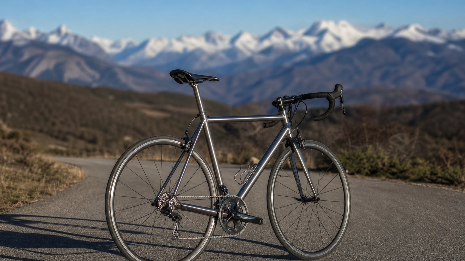 Vélo de route et gravel en titane côte à côte illustrant deux pratiques du cyclisme