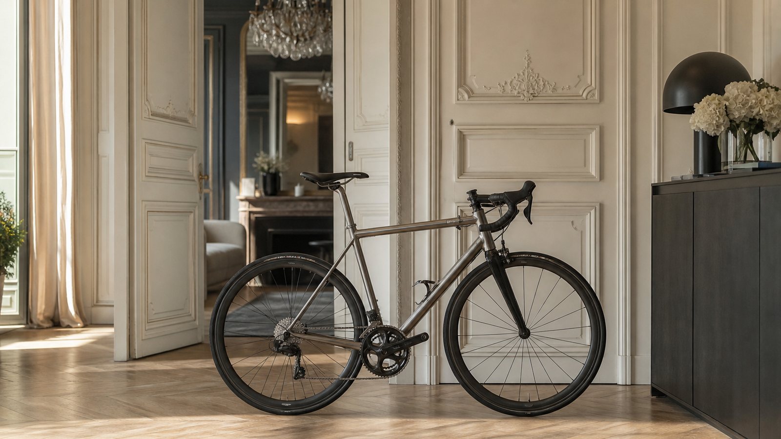Vélo sur mesure en titane posé dans un atelier